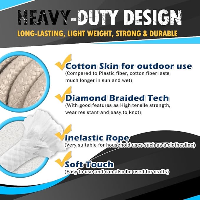 PerkHomy 500lb Cotton Rope 3/16" 50 ft Multi Purpose Utility Diamond Braided - Image 3