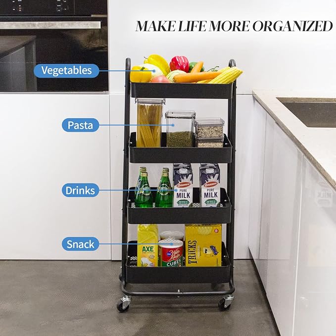 elabo 4-Tier Metal Mesh Utility Rolling Cart, Storage Organizer Trolley - Image 4