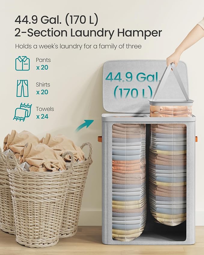 SONGMICS Laundry Basket, 44.9 Gal. Laundry Hamper, 2 Compartments, Easy Assembly - Image 4