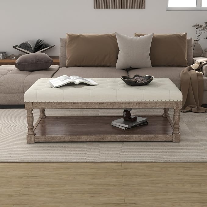 48" Large Ottoman with Storage Coffee Table, Upholstered Tufted Linen Ottoman - Image 7