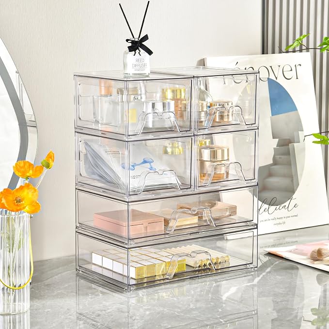 4 Pack Stackable Storage Drawers Clear Acrylic Organizer Bathroom Makeup - Image 4