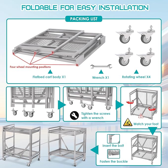 2 Shelf Rolling Cart with Wheels, 660lbs Capacity Collapsible Steel Rolling - Image 6