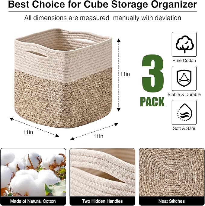 11 Inch Cube Storage Bins, Organizer Woven Cotton Rope Square Baskets - Image 3