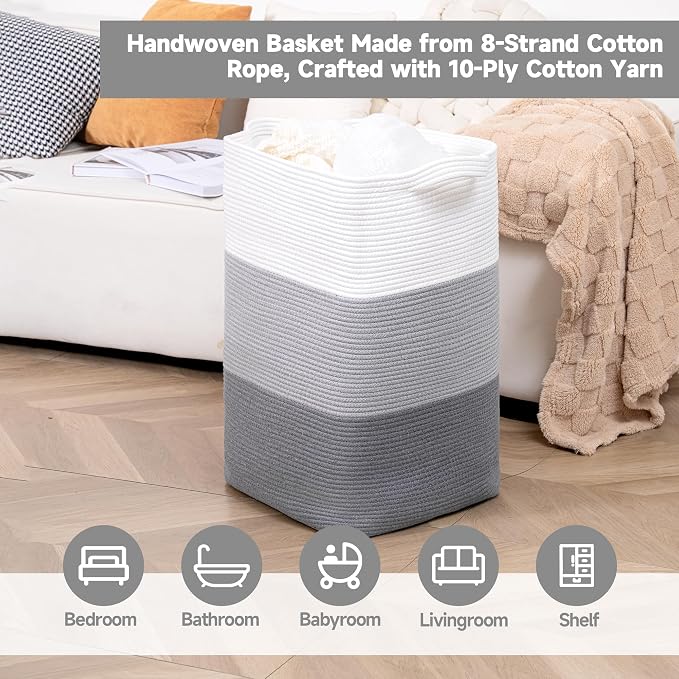 CLHMILY&Z 75L Laundry Basket Rectangular Grey Rope - Image 3