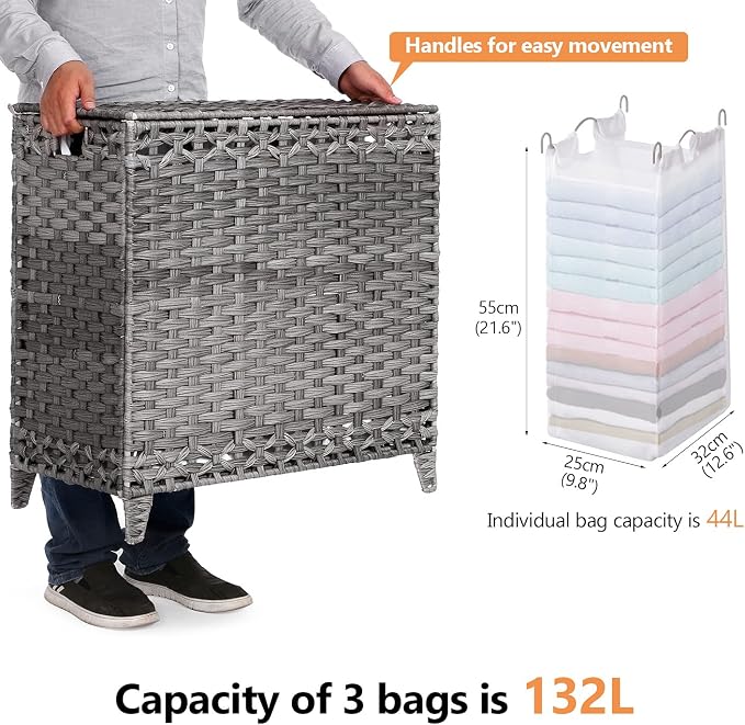 Laundry Hamper with 3 Removable Liner Bags; 132L Handwoven Rattan Laundry - Image 4