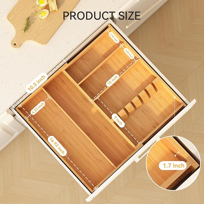 Yofidra Pure Bamboo Silverware Drawer Organizer: 16.9x18.9 Expandable Large - Image 7