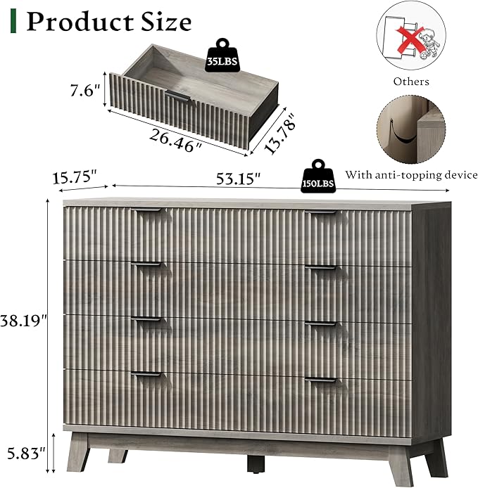 Fluted Dresser with 8 Drawers, Wooden Dresser TV Stand, Modern Closet Clothes - Image 2