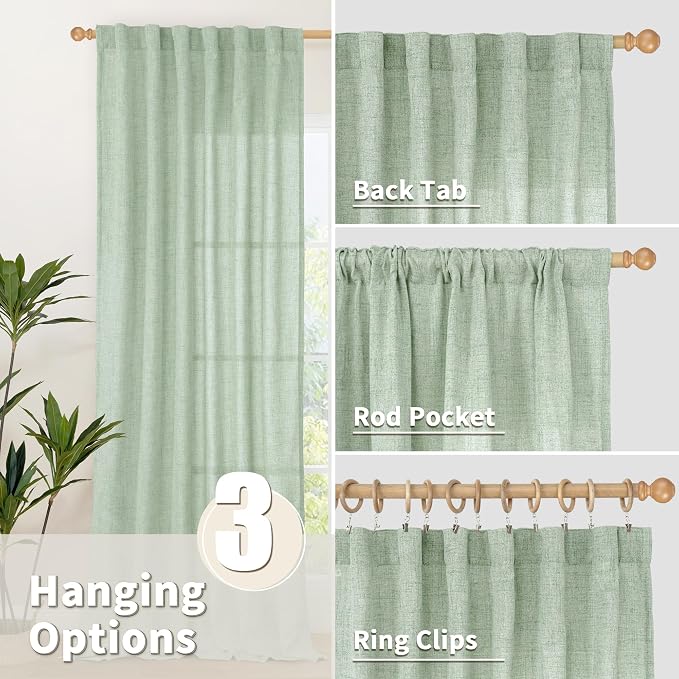 YoungsTex Light Green Linen Semi Sheer Curtains 84 Inch Length 2 Panels - Image 6