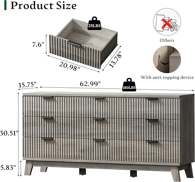 Fluted Dresser with 9 Drawers, Wooden Dresser TV Stand, Wood Closet Clothes - Image 2