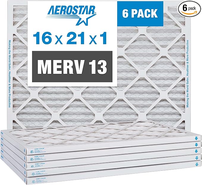 Aerostar 16x21x1 MERV 13 Pleated Air Filter, AC Furnace Air Filter, 6 Pack by AirFiltersDelivered
