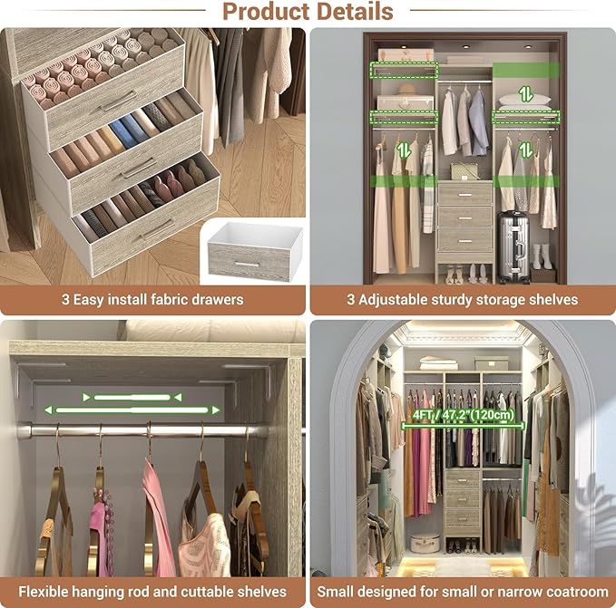 4FT Small Closet System with 3 Fabric Drawers, Flexible Built-In Clothes - Image 4