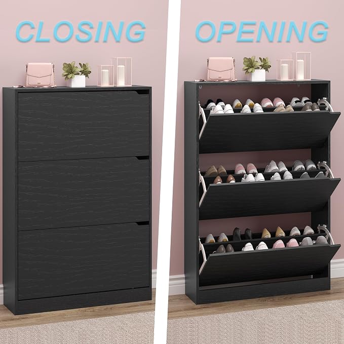 Shoe Storage Cabinet with 3 Flip Drawers, Narrow Shoe Rack Cabinet, - Image 5