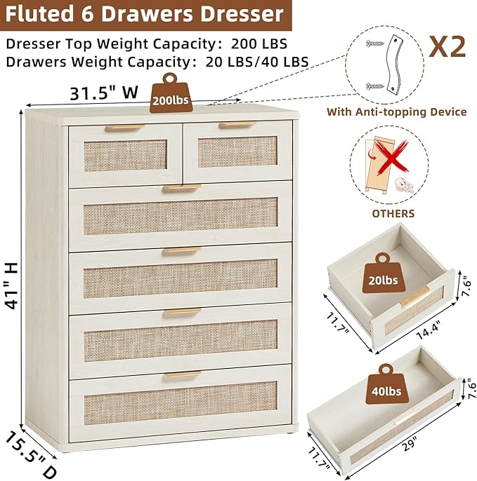 LEYAOYAO White Dresser for Bedroom, Modern 6 Drawers Boho Rattan Dressers - Image 3