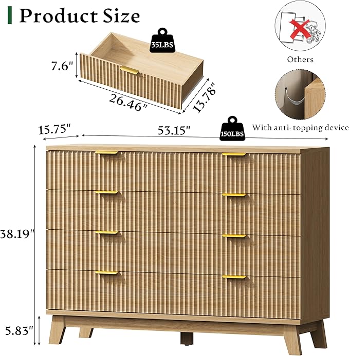 Fluted Dresser with 8 Drawers, Wooden Dresser TV Stand, Wood Closet Clothes - Image 2