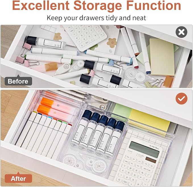 SMARTAKE 6 PCS Clear Plastic Drawer Organizers Set, Large Size Non-Slip Desk - Image 4