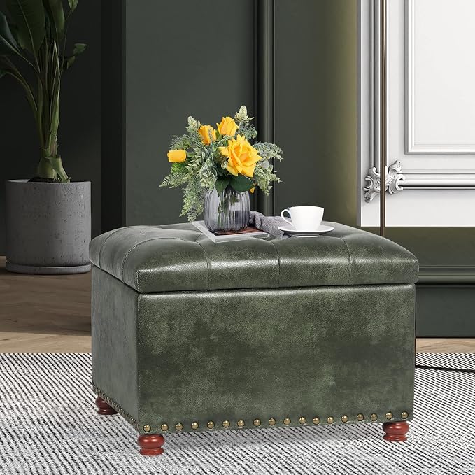 24'' Leather Ottoman with Storage Rectangle Foot Rest Ottomans Stool - Image 2