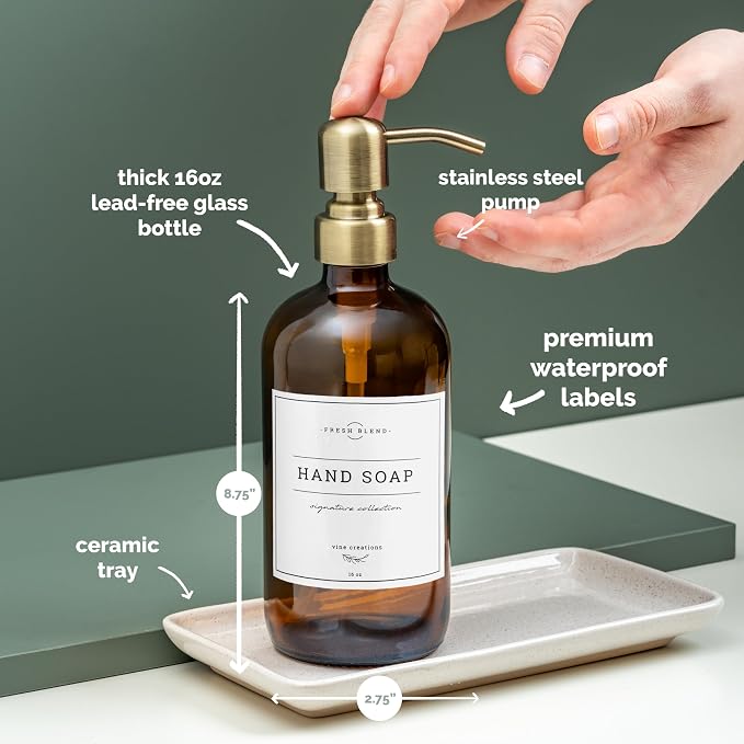 Vine Creations Amber Glass Soap Dispenser, 2 Pack Kitchen Soap Dispenser Set - Image 4