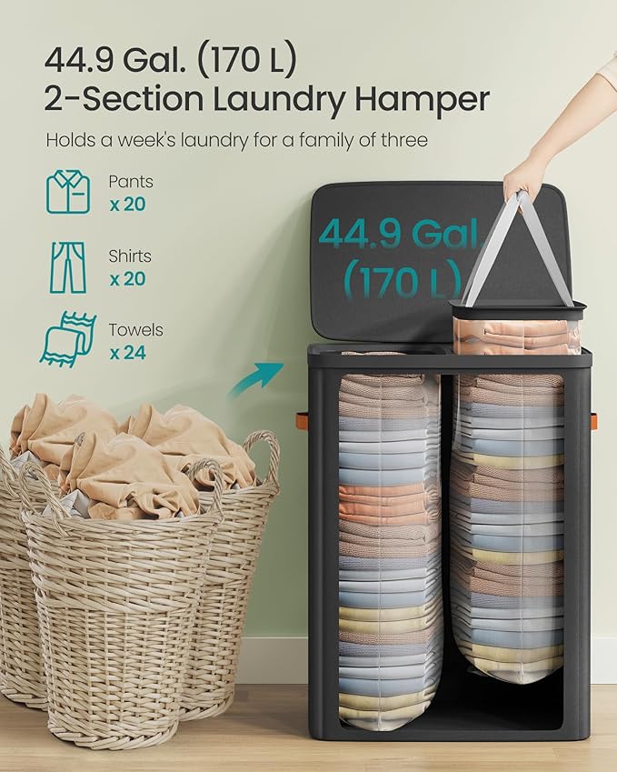 SONGMICS Laundry Basket, 44.9 Gal. Laundry Hamper, 2 Compartments, Easy Assembly - Image 4