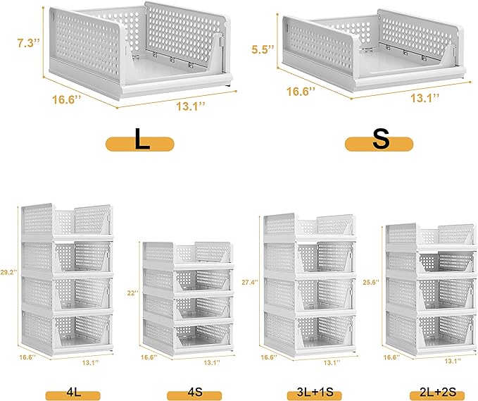 Proarea 4 Pack Stackable Plastic Storage Basket Closet Organizer Bin Foldable - Image 3