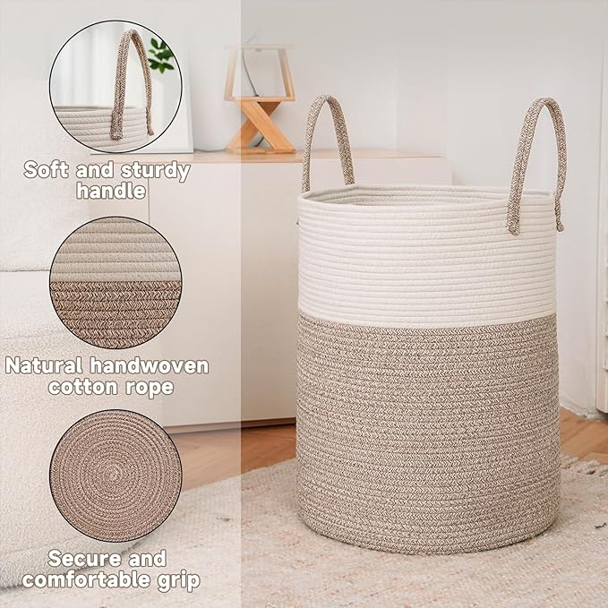 Large Woven Laundry Basket Hamper, 60L Cotton Rope Storage Bin - Image 6