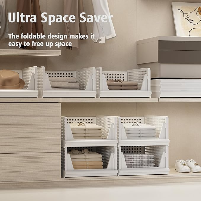 Proarea Stackable Plastic Storage Basket Closet Organizer Bin Foldable Clothes - Image 3