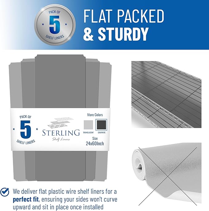 Shelf Liners for Wire Shelf System: Set of 5 in Graphite: 24 x 60 inch: Plastic - Image 3