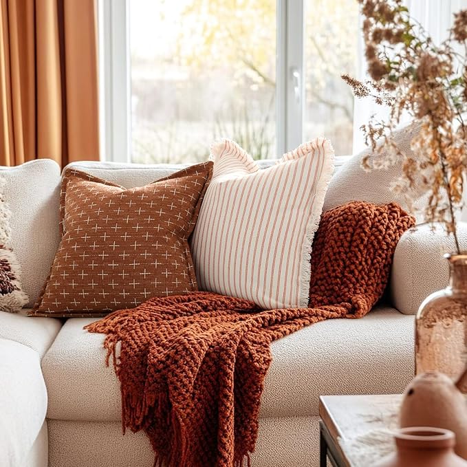 ZWJD Fall Throw Pillow Covers 26x26 Set of 2 Soft Polyester Textured Rust - Image 2