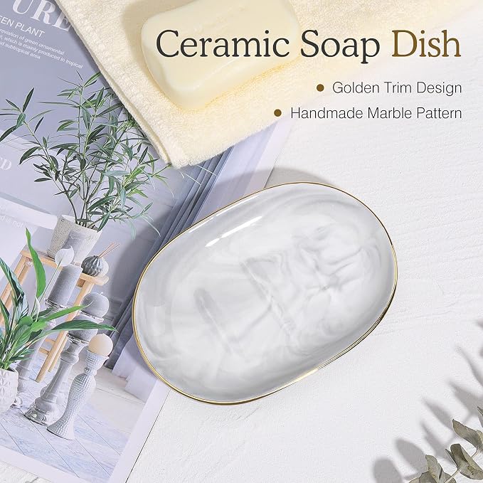 Luxspire Soap Dish Holder, Ceramic Marble Soap Tray Bar Soap Holder - Image 3