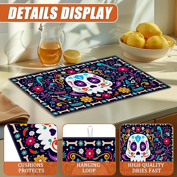 Sugar Skull Dish Drying Mat for Kitchen Counter Microfiber Absorbent Dish Day - Image 3