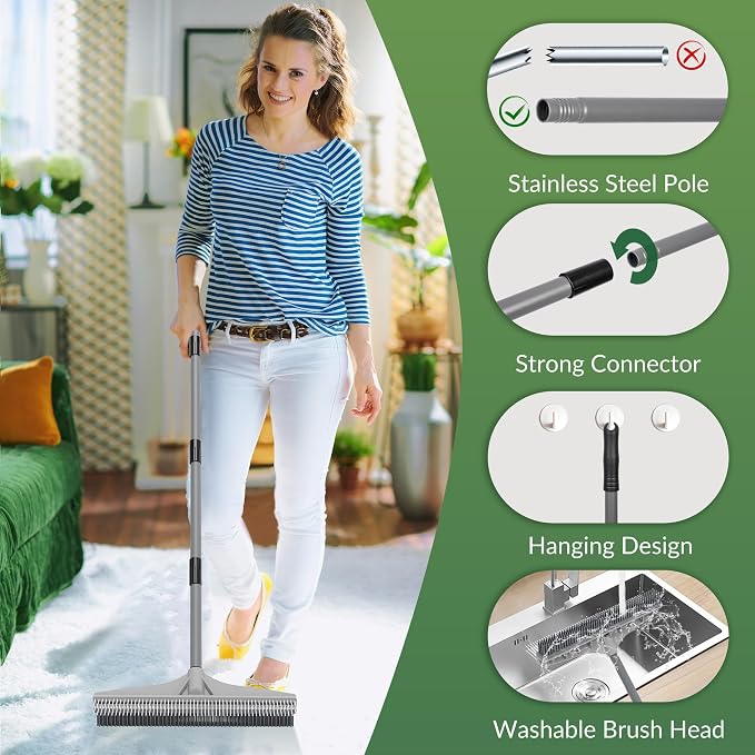 Walensee Carpet Rake for Pet Hair Removal, 2-in-1 Rubber Broom and Nylon Carpet - Image 5