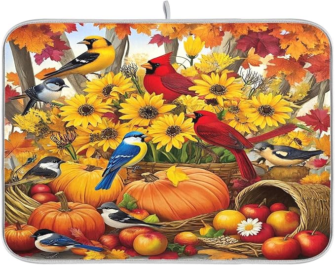 Fall Birds Dish Drying Mat for Kitchen Countertop 18x24 Autumn Pumpkin by Wamika