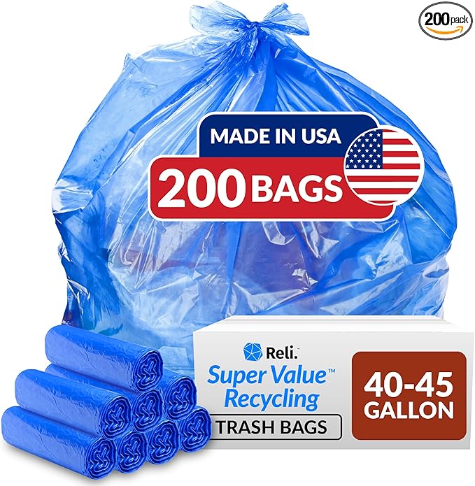 Reli. SuperValue 40-45 Gallon Recycling Bags | 200 Count | Blue Trash Bags | by Reli