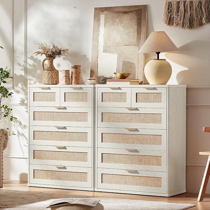 LEYAOYAO White Dresser for Bedroom, Modern 6 Drawers Boho Rattan Dressers - Image 2