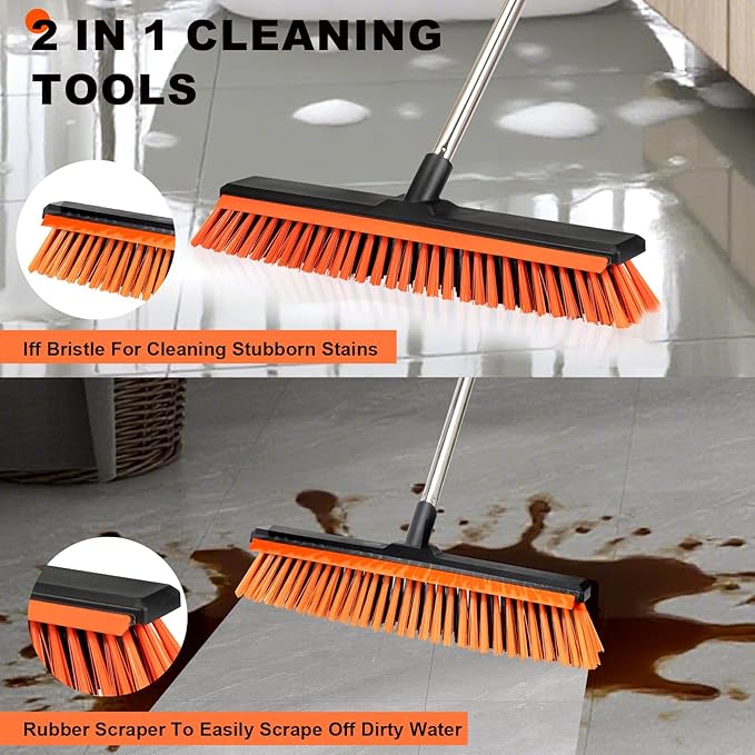 18" Push Broom Outdoor with Rubber Squeegee, Heavy Duty Broom Brush with Handle - Image 4