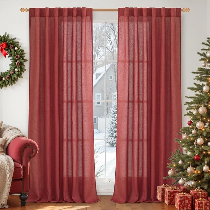 YoungsTex Red Linen Semi Sheer Curtains 84 Inch Length by YoungsTex