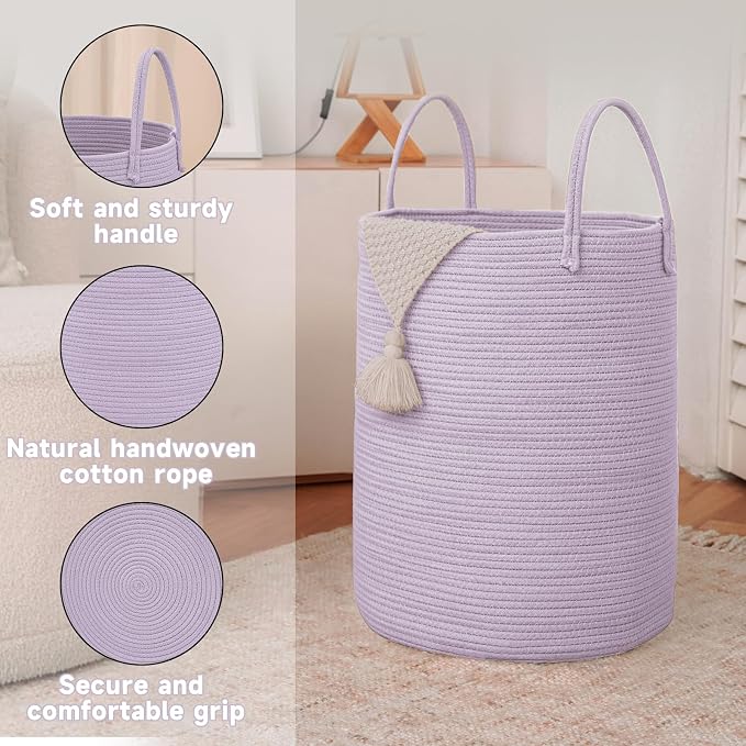 Large Woven Laundry Basket Hamper, 60L Cotton Rope Storage Bin - Image 6