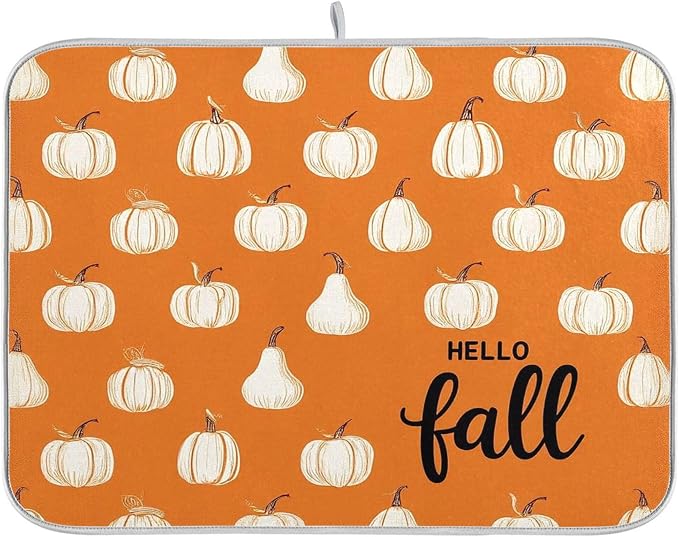 Hello Fall Burnt Orange Dish Drying Mat by Wamika
