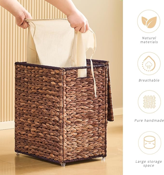 Handwoven Laundry Basket with Lid, Natural Water Hyacinth Storage Basket with - Image 6