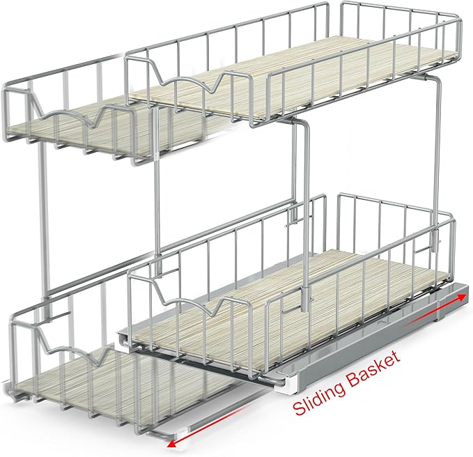 Simple Houseware 2-Tier Spice Rack Slide Out Wire Basket Drawer Organizer - Image 4