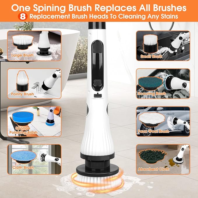 Electric Spin Scrubber, Cordless Cleaning Brush, 8 Brush Heads & 2 Speeds - Image 4