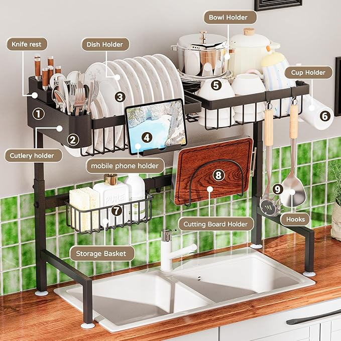 Over The Sink Dish Drying Rack, Expandable Height and Length, 2 Tier Large - Image 4