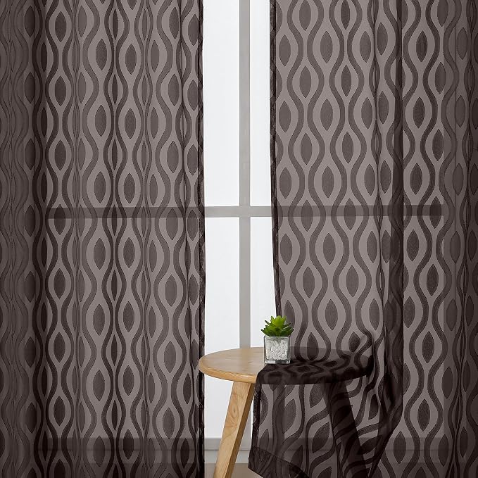Aiyufeng Brown Valance Curtains 14 Inch Length, Chic Wavy Line Clip Jacquard - Image 3