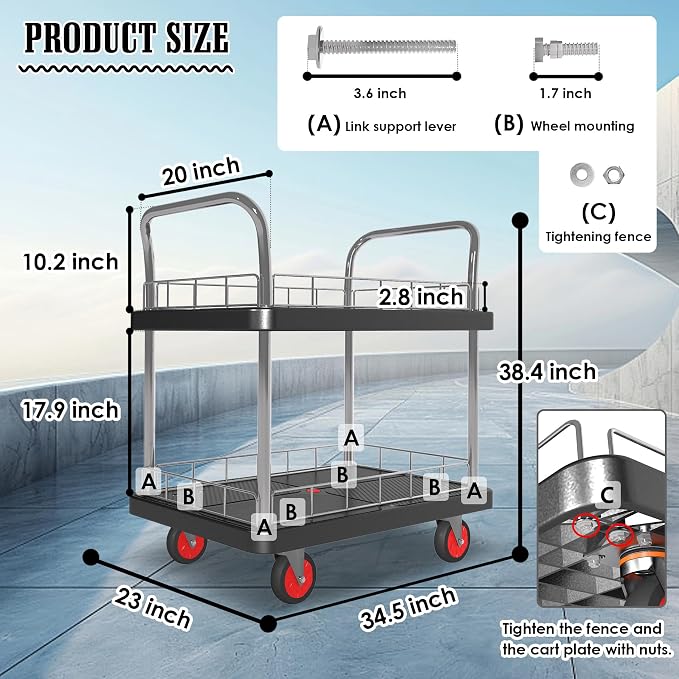 2 Shelf Utility Service Cart- 660lbs Capacity Heavy-Duty Plastic Rolling - Image 4