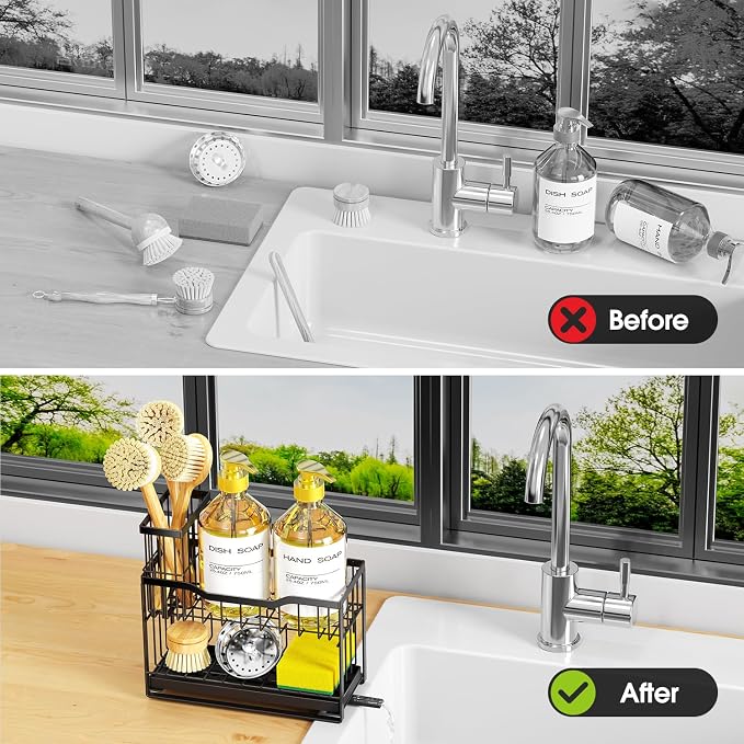 2-Tier Kitchen Sink Caddy with High Brush Holder&Self-Draining Tray, - Image 6