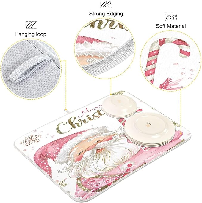 Christmas Santa Claus Pink Dish Drying Mat - Image 4
