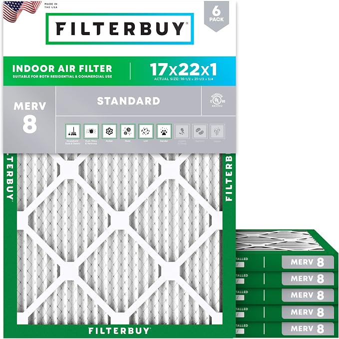 Filterbuy 17x22x1 Air Filter MERV 8 Dust Defense Replacement, Electrostatic by Filterbuy