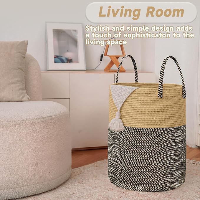 Large Woven Laundry Basket Hamper, 100L Cotton Rope Storage Bin - Image 3