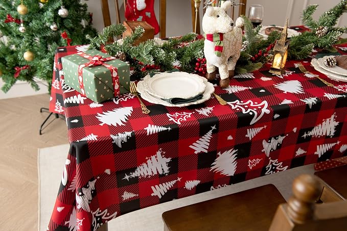 Red Waterproof Plaid Christmas Tree Tablecloth Fabric - Image 8