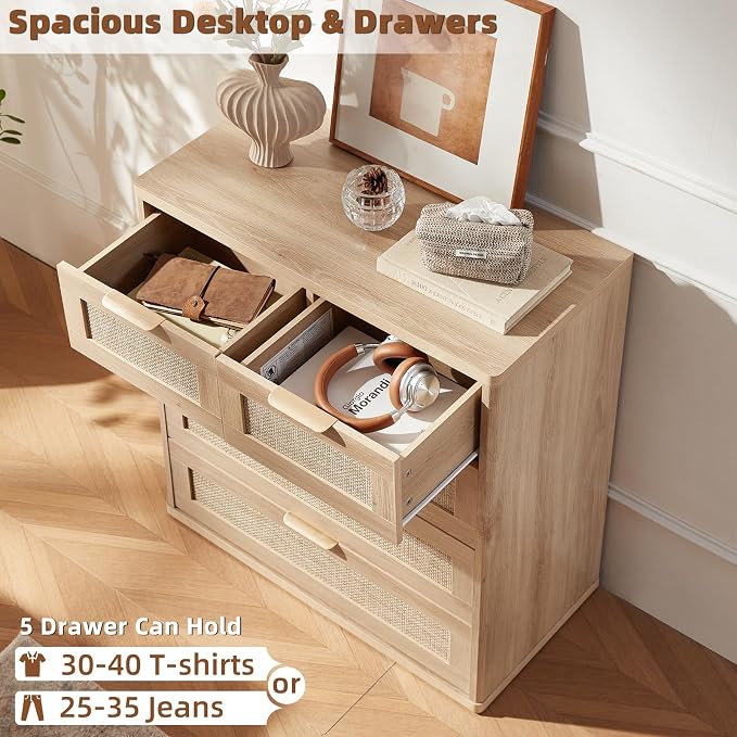 LEYAOYAO Rattan Dresser for Bedroom Set of 2, 33.5" Tall Chest of Drawers - Image 3
