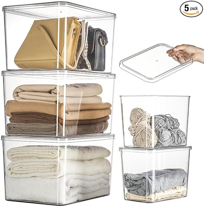 Lidded Plastic Storage Bins Set Clear Desk Basket Box Organizer Kitchen by sgoostood